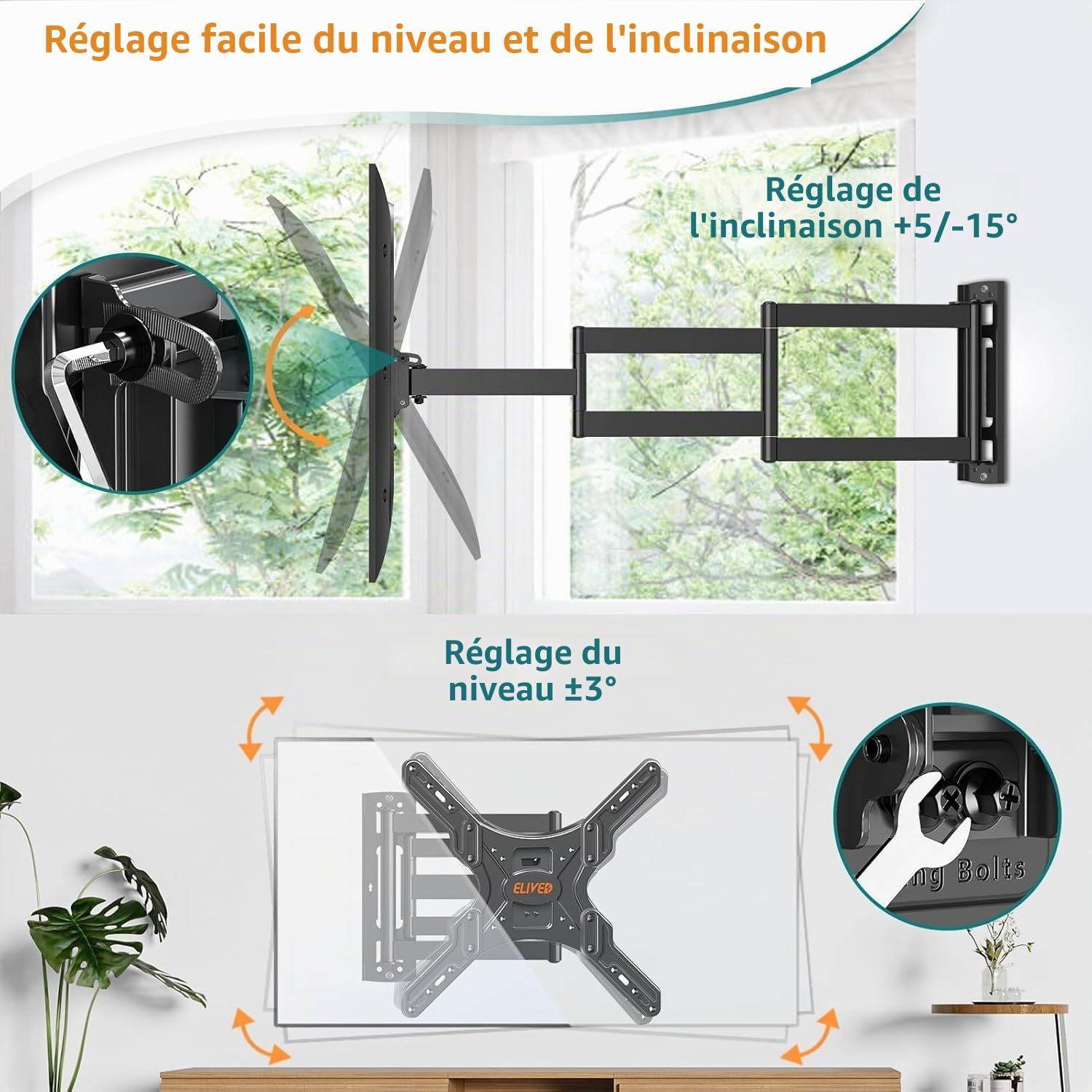 ELIVED Support mural TV à bras long de 950 mm pour téléviseurs de 26 à 65" | Support TV d'angle extensible, max. VESA 400 x 400 mm, supporte jusqu'à 35 kg, EV3018