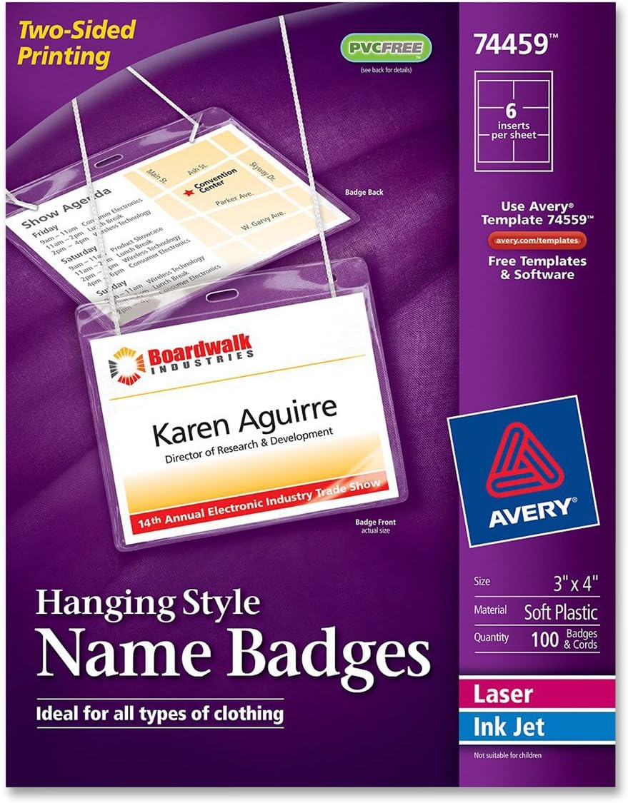Necklace-Style Badge Holder w/Laser/Inkjet Insert, Top Load, 4 x 3, WE, 100/Box