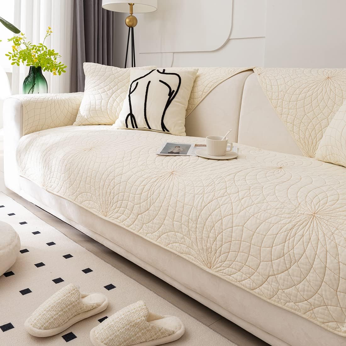 Farmhouse Couch Cover Solid Color Neutral Sofa Cover Soft Cotton Quilted Sectional Couch Covers Non Slip Washable Sofa Slipcover Furniture Protector for Living Room (Ivory E,36"x70")