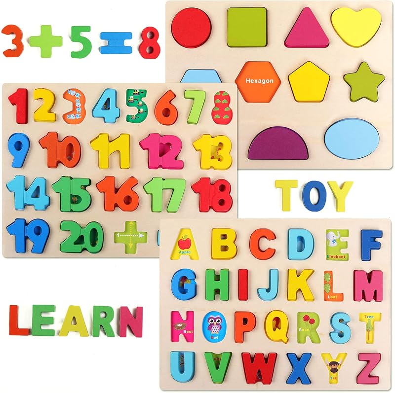 QZMTOY Rompecabezas de madera para niños pequeños, Rompecabezas de madera con forma numérica para niños pequeños Juguetes de rompecabezas de aprendizaje para niños pequeños, Rompecabezas 3 en 1 para niños pequeños, mayores de 3 años (conjunto de 3)