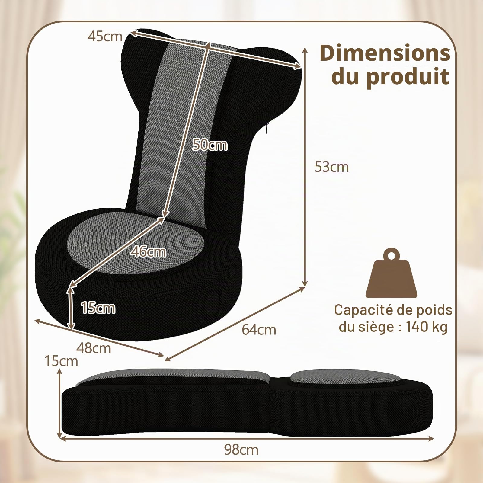RELAX4LIFE Chaise de Sol avec Dossier Réglable en 5 Niveaux, 14 Positions d'Appuie-tête, Housse en Maille Respirant, Fauteuil de Jeu au Sol Reclinable pour Lecture Méditation Charge 140KG (Gris)