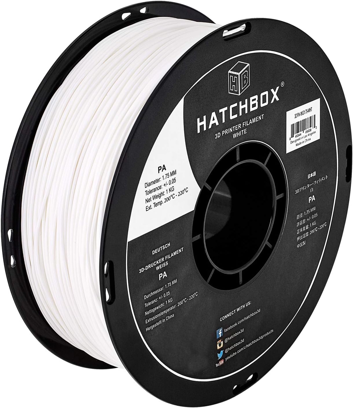 HATCHBOX PA Nylon 3D Printer Filament, Dimensional Accuracy +/- 0.05 mm, 1 kg Spool, 1.75 mm, White