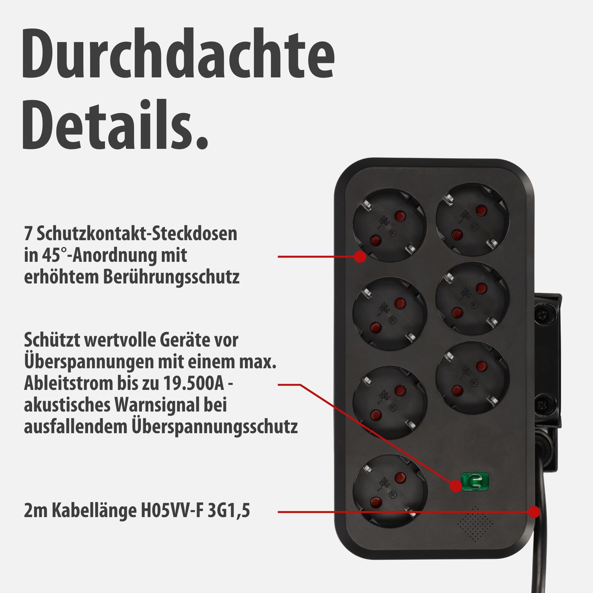 brennenstuhl®Estilo Duplex Tischsteckdosenleiste mit Überspannungsschutz | Mit Schalter, USB C Power Delivery, 1x USB C und 1x USB A, 9x Schutzkontakt-Steckdosen, 2m, silber/schwarz