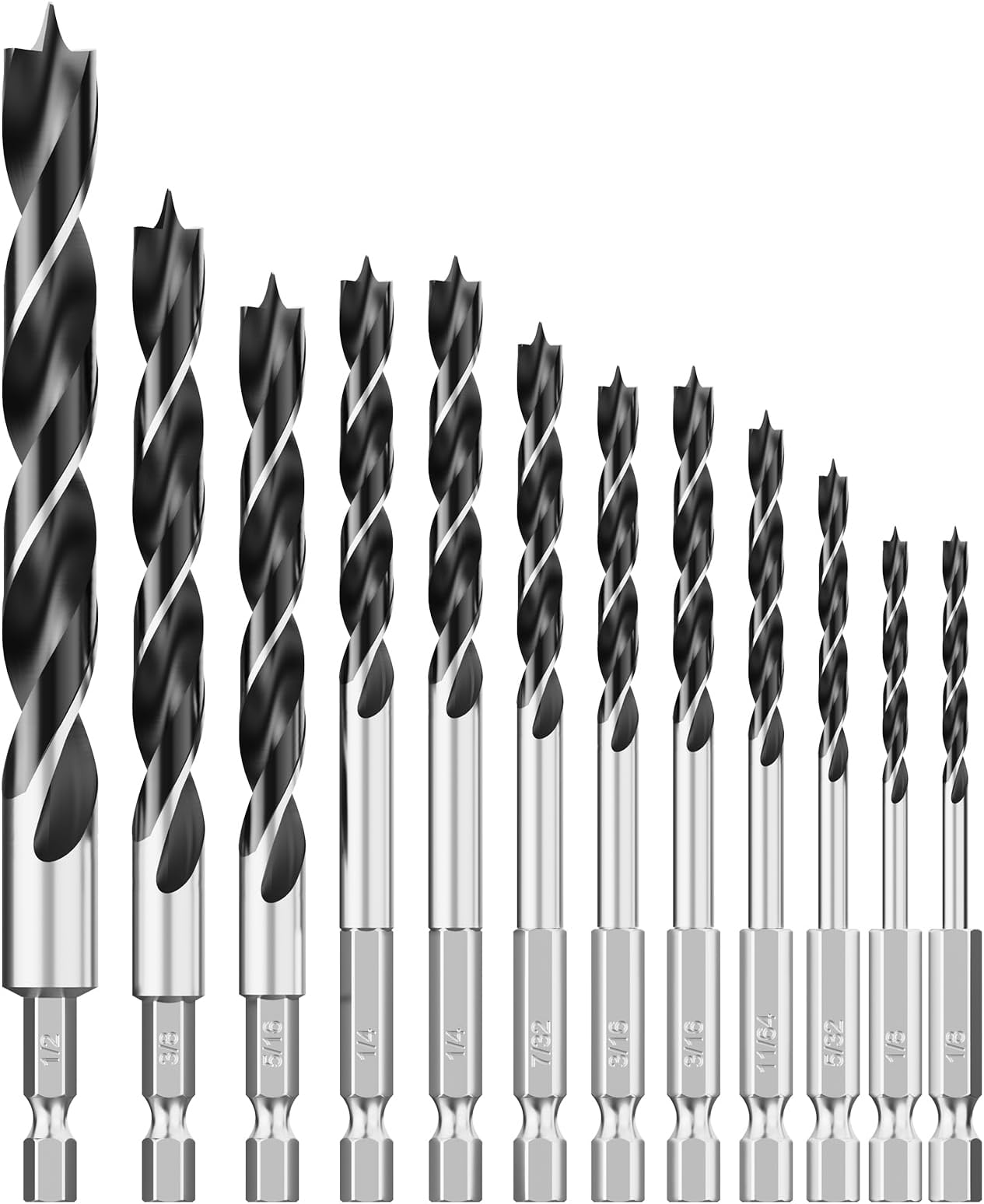 Brad Point Wood Drill Bit Set, 12Pcs Hex Shank Drill Bit Set with Double Flutes Design for Carpenter Woodworking and All Types of Wood (1/8" - 1/2")