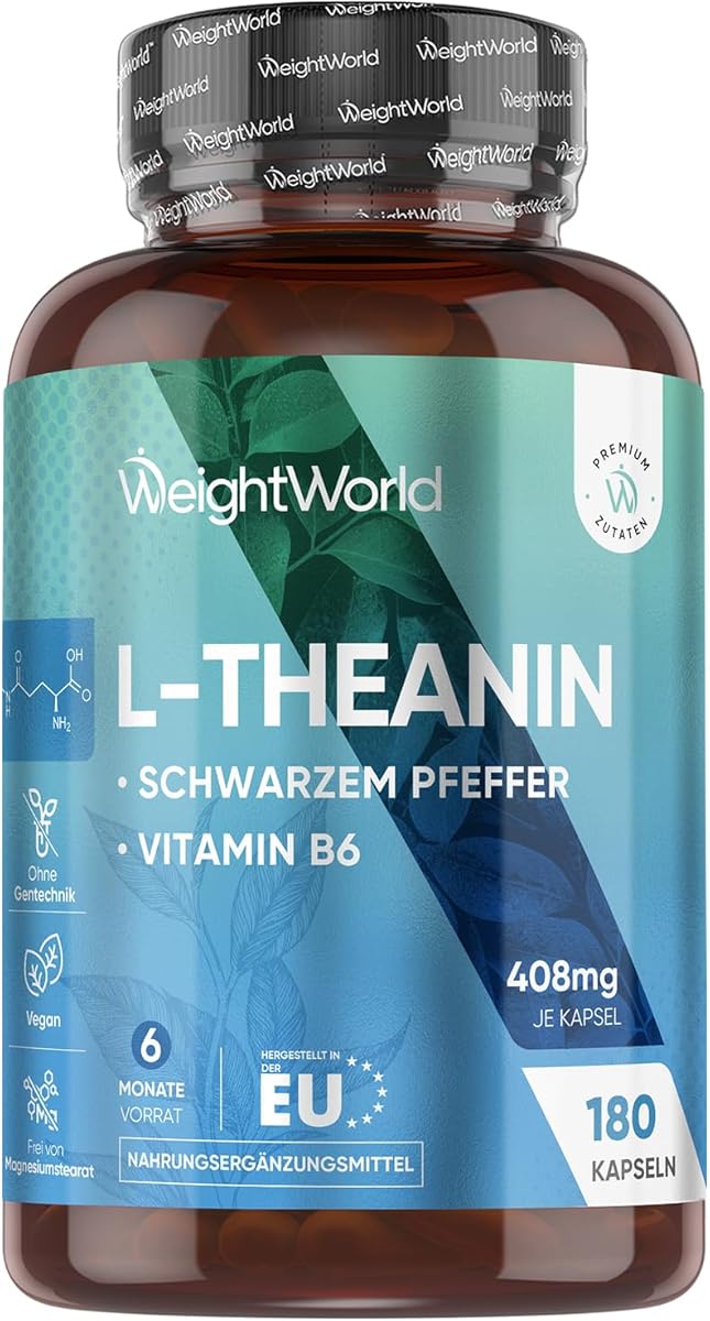 L Theanin, 408 mg je Kapseln - 180 Vegane Kapseln - 6 Monate Vorrat - Mit Schwarzer Pfeffer Extrakt & Vitamin B6 - L-Theanine aus Camellia Sinensis - Täglich 1 pro Tag - Glutenfrei - WeightWorld
