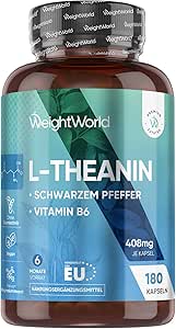 L Theanin, 408 mg je Kapseln - 180 Vegane Kapseln - 6 Monate Vorrat - Mit Schwarzer Pfeffer Extrakt & Vitamin B6 - L-Theanine aus Camellia Sinensis - Täglich 1 pro Tag - Glutenfrei - WeightWorld