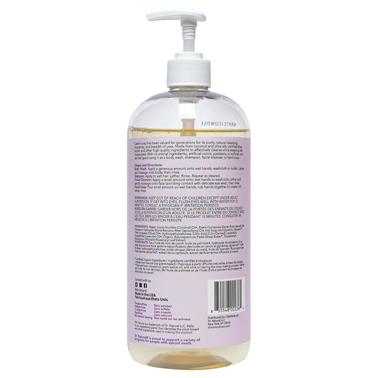 Dr. Natural Castile Liquid Soap - Multi-Use Body Wash,Shampoo and Face Wash - Hydrating Body Soap for Skin,Hair,Pets and Home - Lavender - 32 oz,(Pack of 2)
