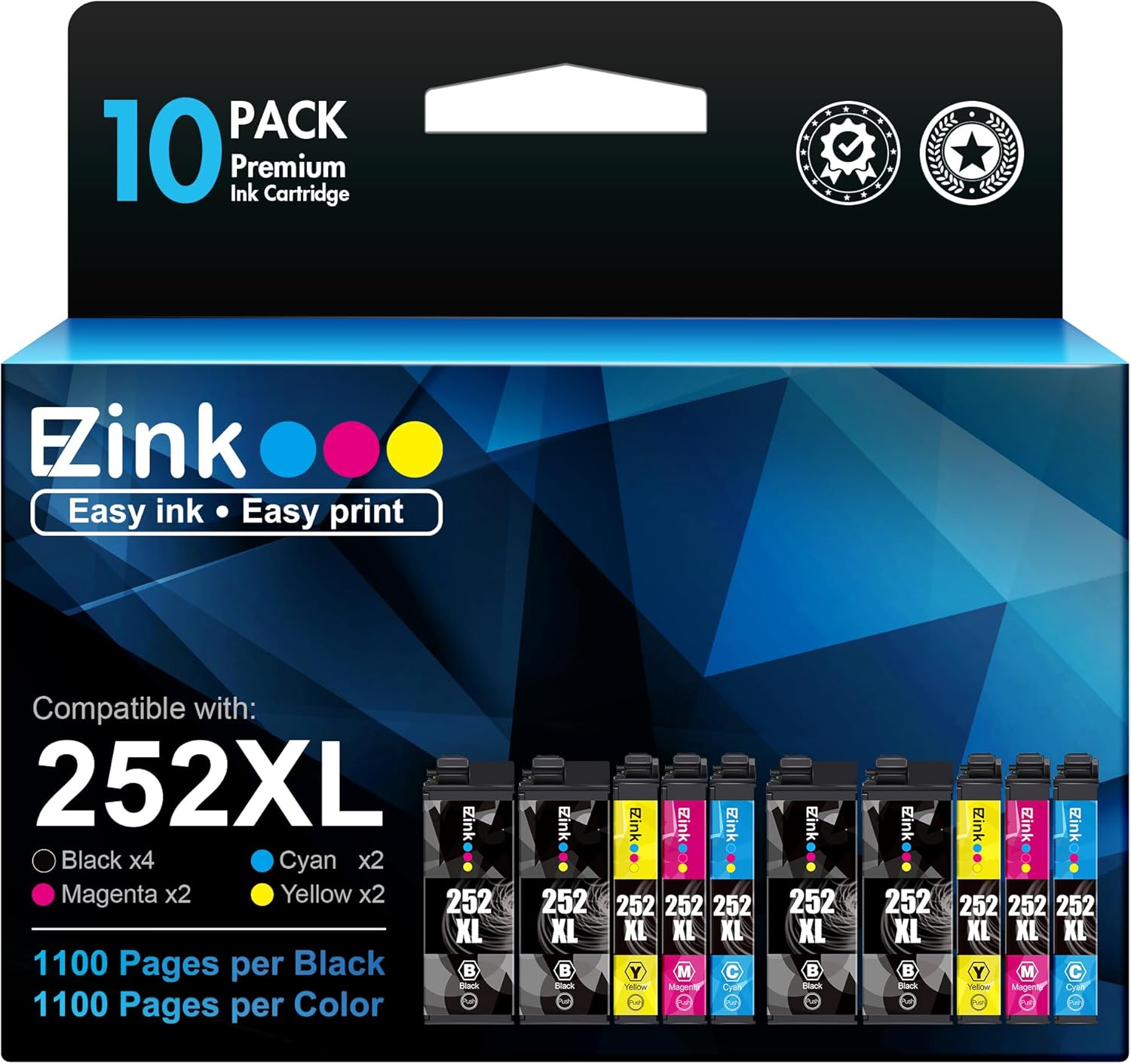 E-Z Ink (Remanufactured Ink Cartridges Replacement for Epson 252XL 252 XL Combo Pack to use with Workforce WF-7110 WF-7710 WF-7720 WF-3640 WF-3620 (4 Large Black, 2 Cyan 2 Magenta 2 Yellow) (252XL-LB_10P) Thumbnail