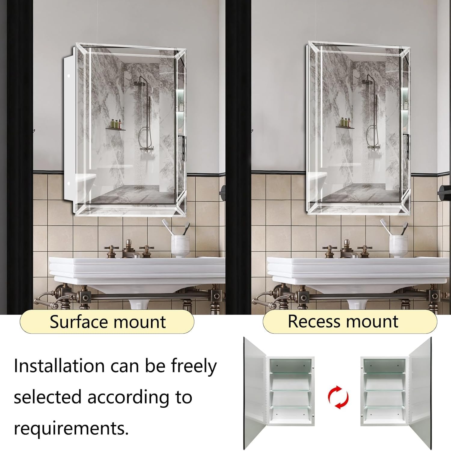 Bathroom Medicine Cabinet with 22x30 Inch Frameless Beveled Edge Mirror, Surface/Recessed Mount Vanity Storage Cabinet for Bathroom/Living Room/Bed Room