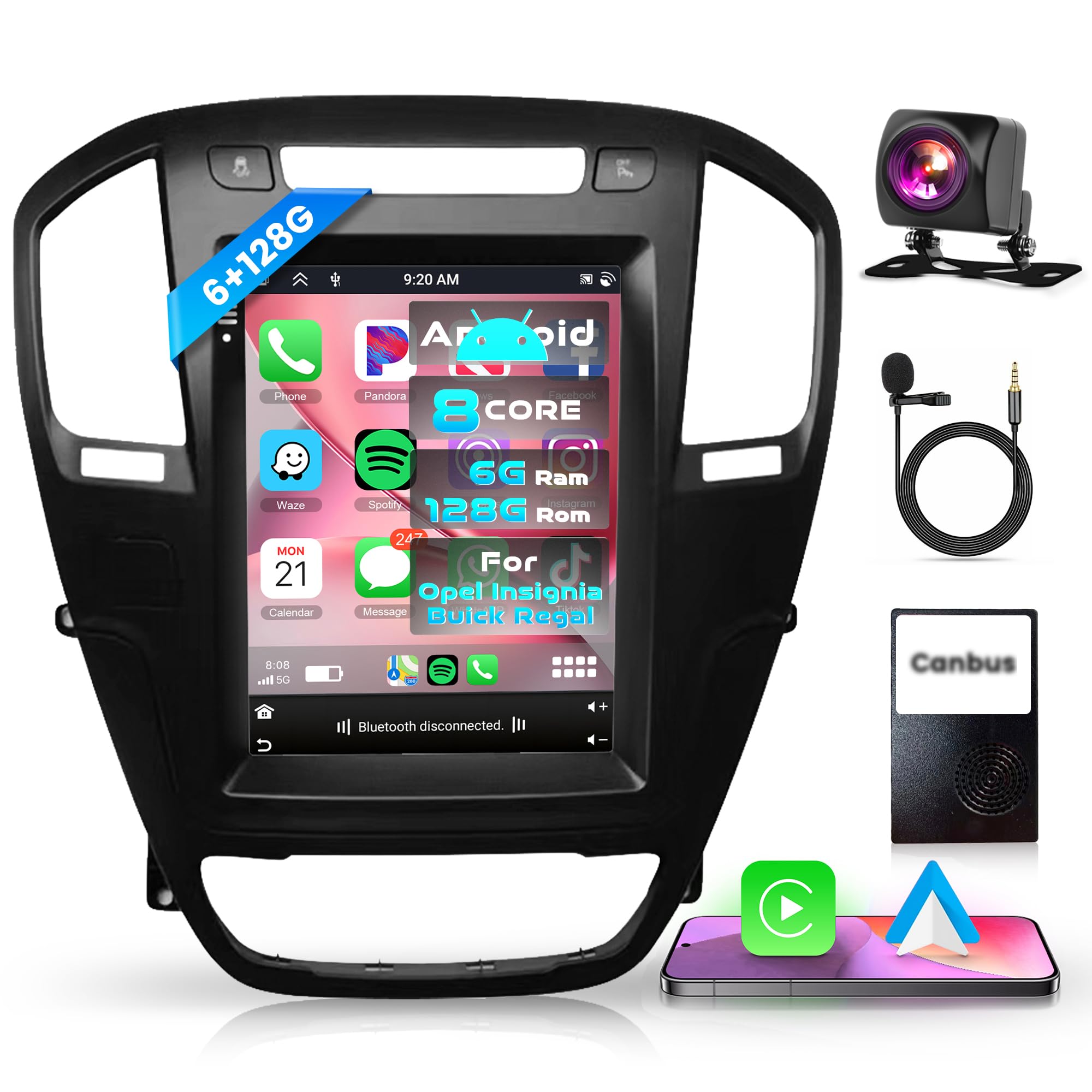 6G+128G 8 Core Wireless Carplay Android Autoradio per Opel Insignia Buick Regal 2009-2013 9.7 Pollici Autoradio con Android Auto GPS Navi WiFi Mirror Link Bluetooth FM/RDS/DSP Telecamera Posteriore