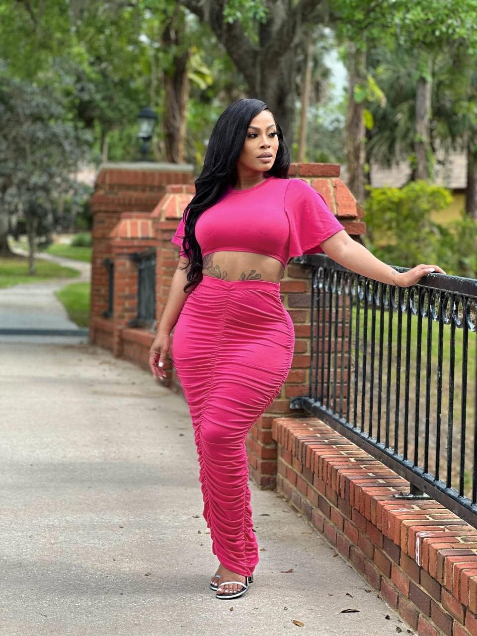 Women's 2 Piece Outfits Flare Sleeve Crop Tops Sexy Bodycon Jumpsuits Maxi Dresses Midi Ruched Skirt Sets