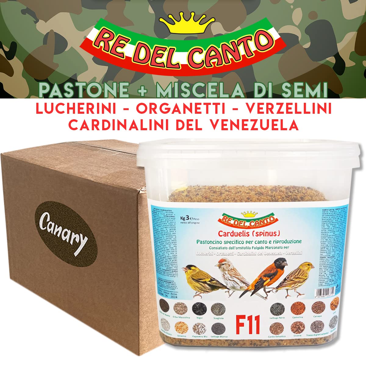 F11 Canto e Riproduzione - 1 Pack da 3kg - Pastone+Miscela Semi - Alimento per cardellini, lucherini, organetti, verzellini, cardinalini Venezuela, spinus, Mangime