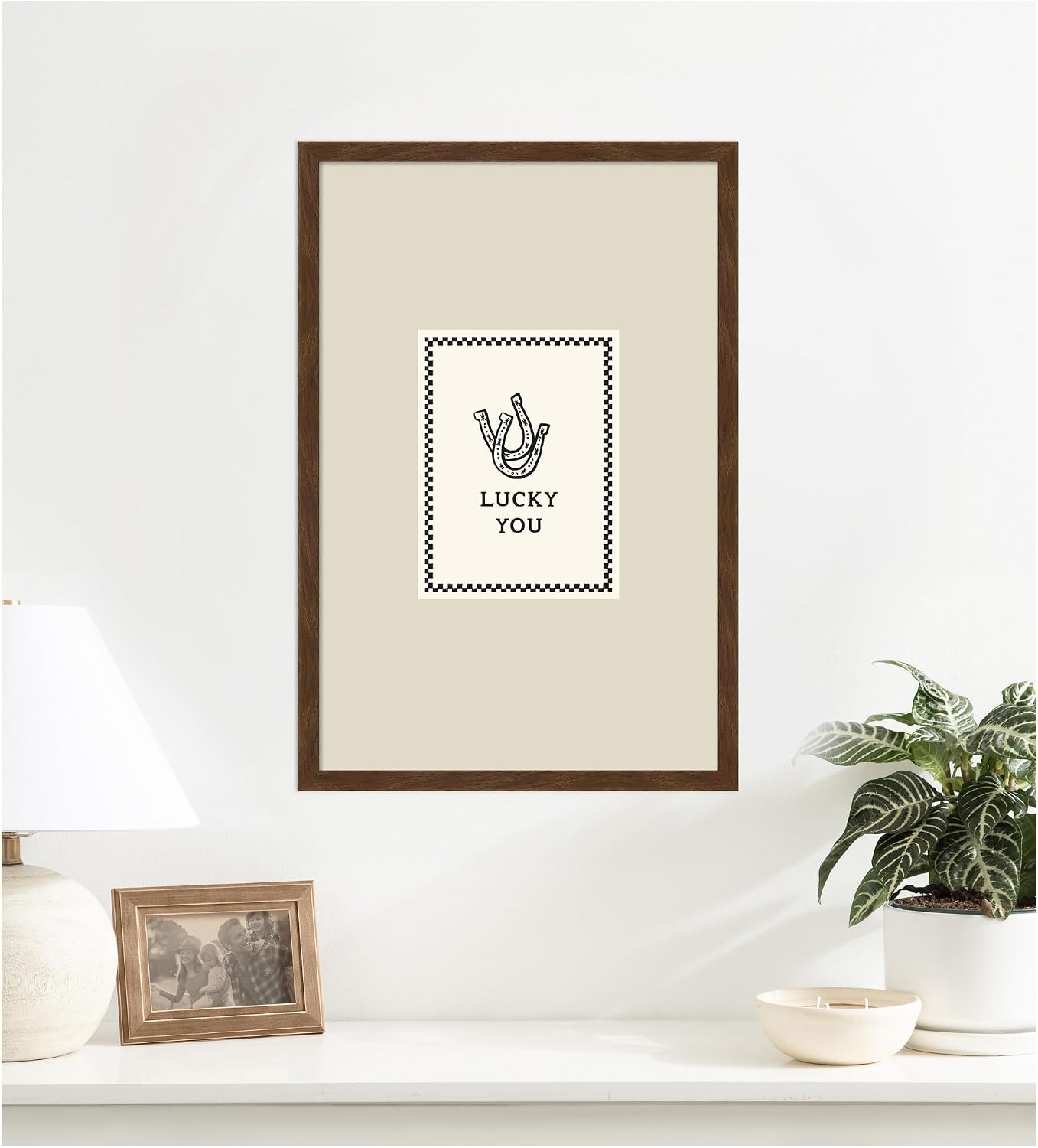 Kate and Laurel Framed Wall Art Print Lucky You Checkerboard Print, Hand Drawn Western Horseshoe Art, Cool Wall Art Motivational Poster II by Lucky Guava, 17 x 25, Carlisle Brown Narrow Frame,