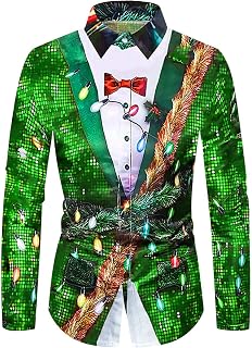 Ruamilyy Camisa de Navidad para hombre, divertida, impresión 3D, camisa informal de Navidad, manga larga, camiseta con estampado navideño, estampado 3D, camisa festiva de Navidad, camisa de fiesta