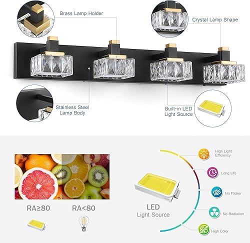 Miniatura 7 de Luces de tocador de baño sobre espejo, 4 luces regulables 5CCT, luces LED de tocador de cristal negro y dorado, iluminación de pared de 29.92