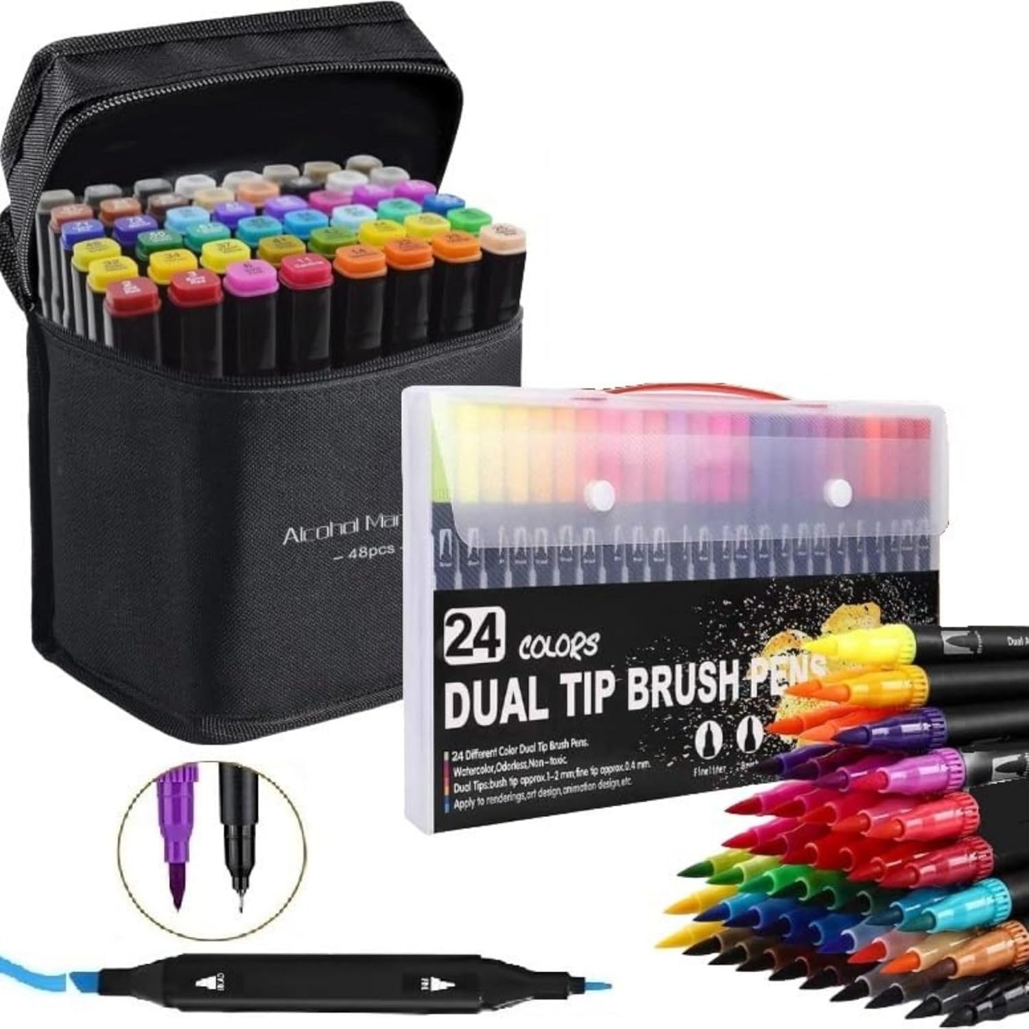 Corslet 72-Piece Art Set – Includes 48 Dual Tip Alcohol Markers and 24 Dual Tip Brush Pens – Ideal for Drawing, Sketching, Coloring, and Art Projects – Non-Toxic and Suitable for All Ages