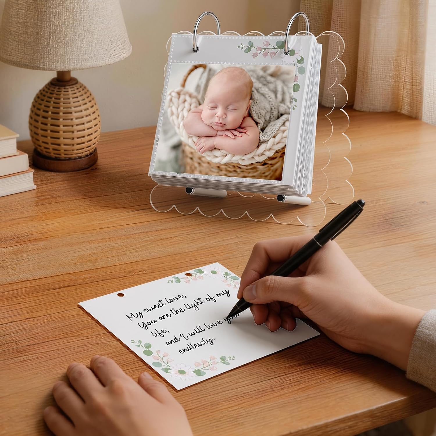 Newborn Baby Memory Book, Scalloped Acrylic 4x6 Monthly Milestone Album | Refillable 30 Sheets & 30 Photo Pockets, Easel-Like Stand, Desk Display, First Year Keepsake Journal, Baby Registry Gift