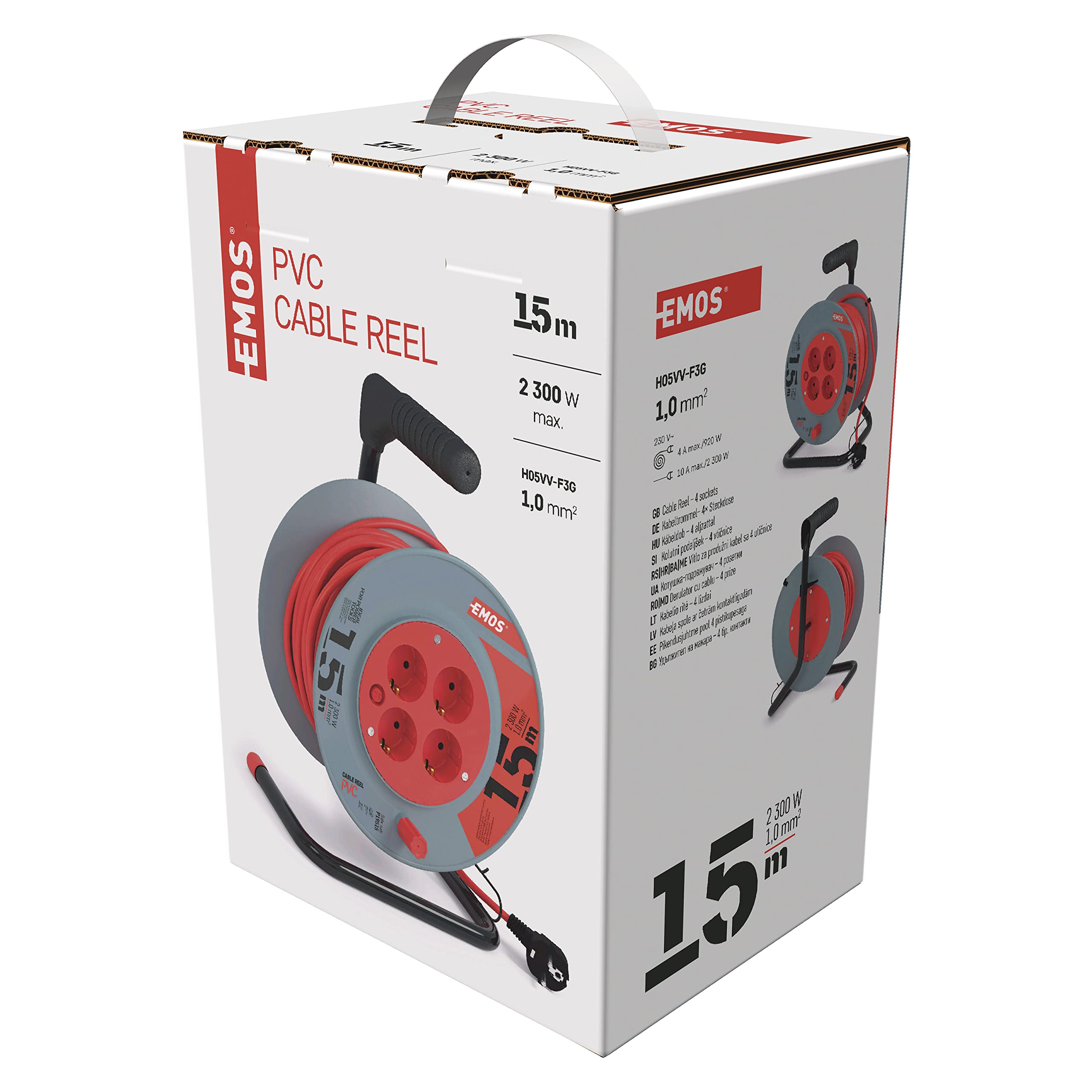 EMOS - Avvolgicavo 15 m - 4 prese Schuko - 230 V, 10 A, 2300 W - isolamento in PVC di alta qualità - H05VV-F3G 1,0 mm2 - protezione contro il surriscaldamento, freno bobina - IP20 per interni