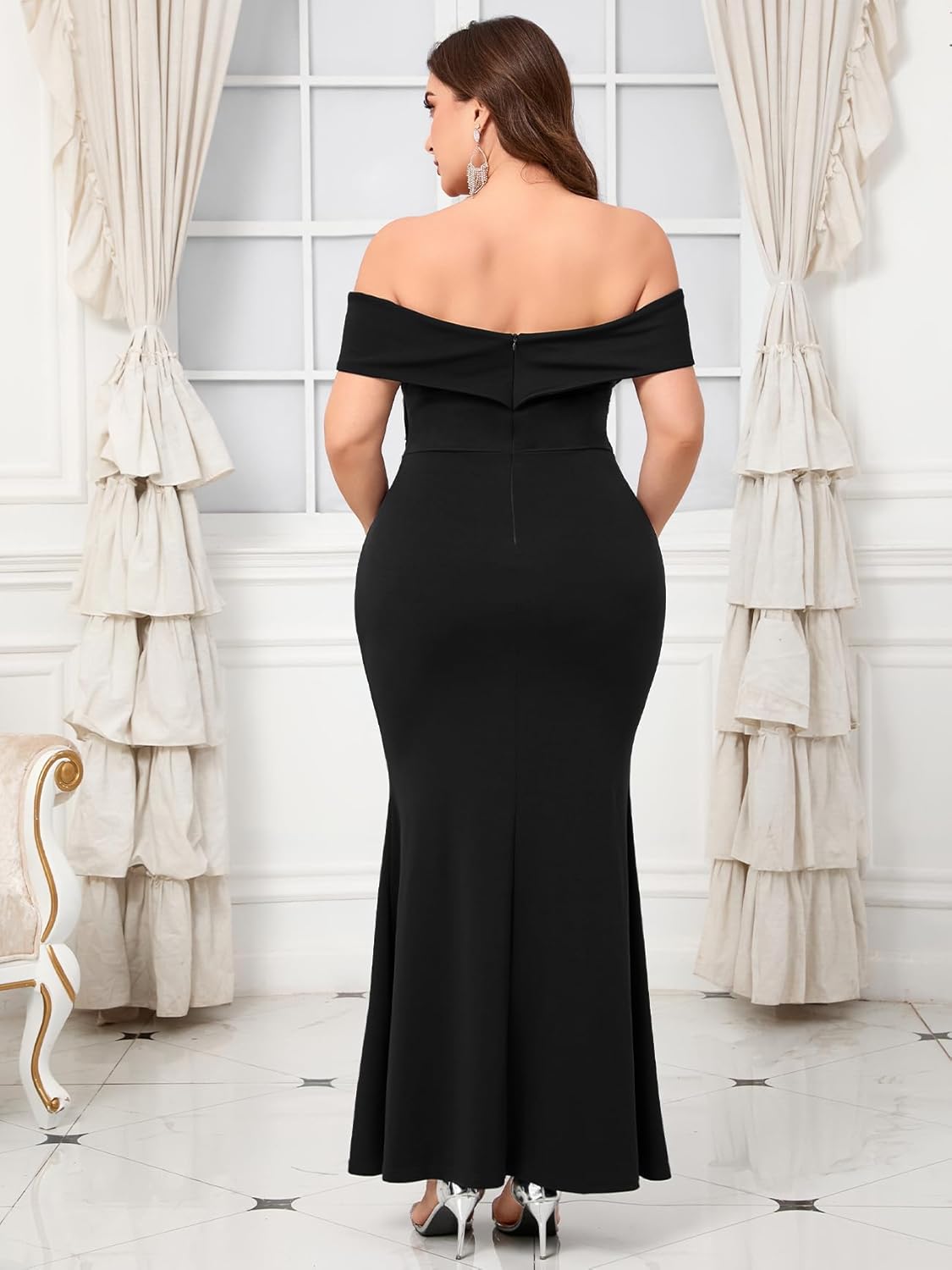 Plus Size Off The Shoulder Mermaid Maxi Dress Rhinestone Ruched Slit Formal Evening Gown Wedding Guest Cocktail - Image 4