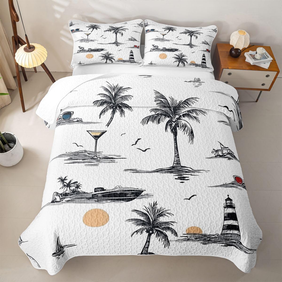 Feelyou Palm Tree Print Quilt Bedspread for Kids Boys Girls Summer Island