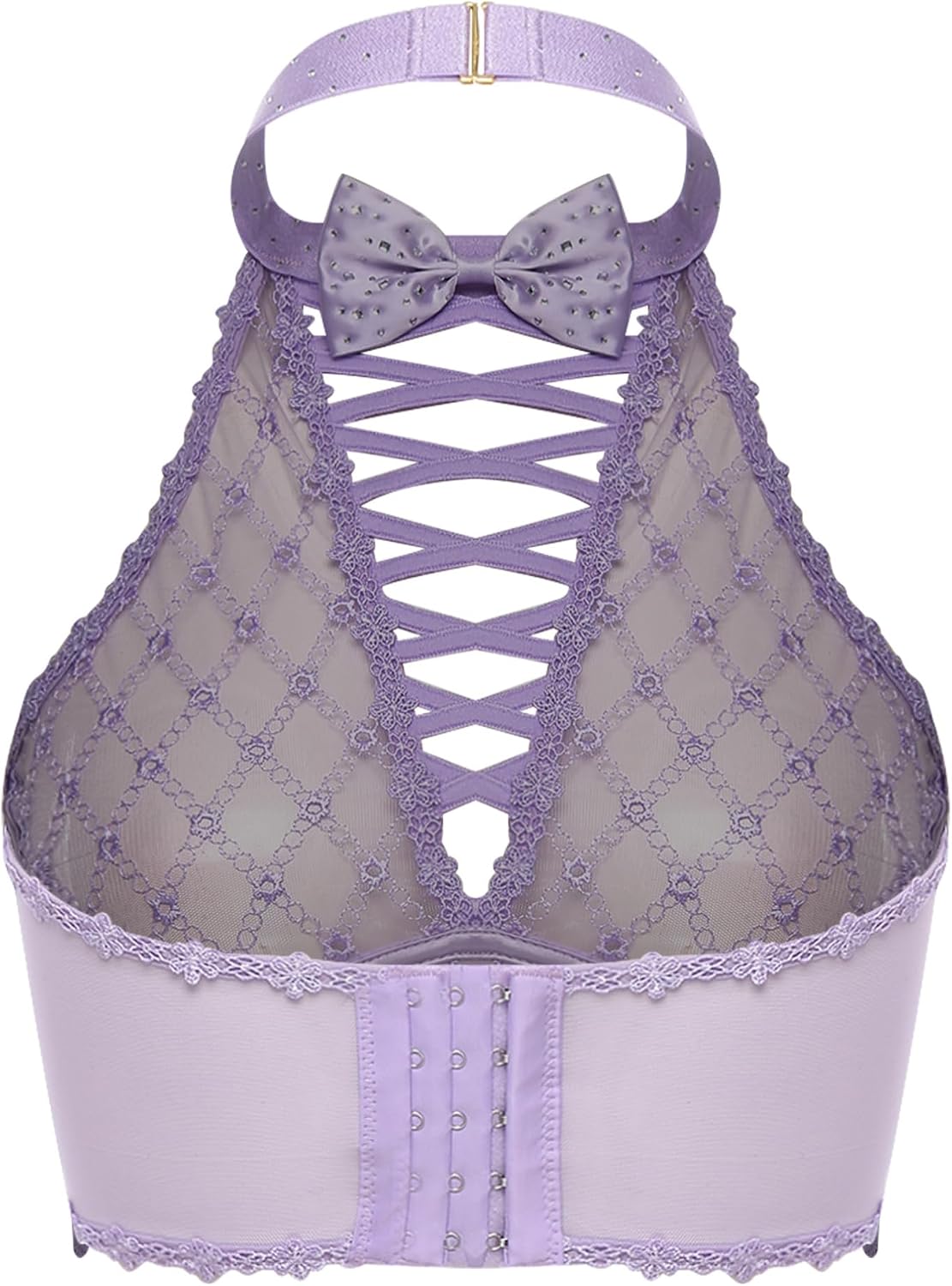 TiaoBug Womens Sparkly Rhinestone Balconette Lingerie Bra Tops Mesh Shelf Brassiere with Bow Bralette