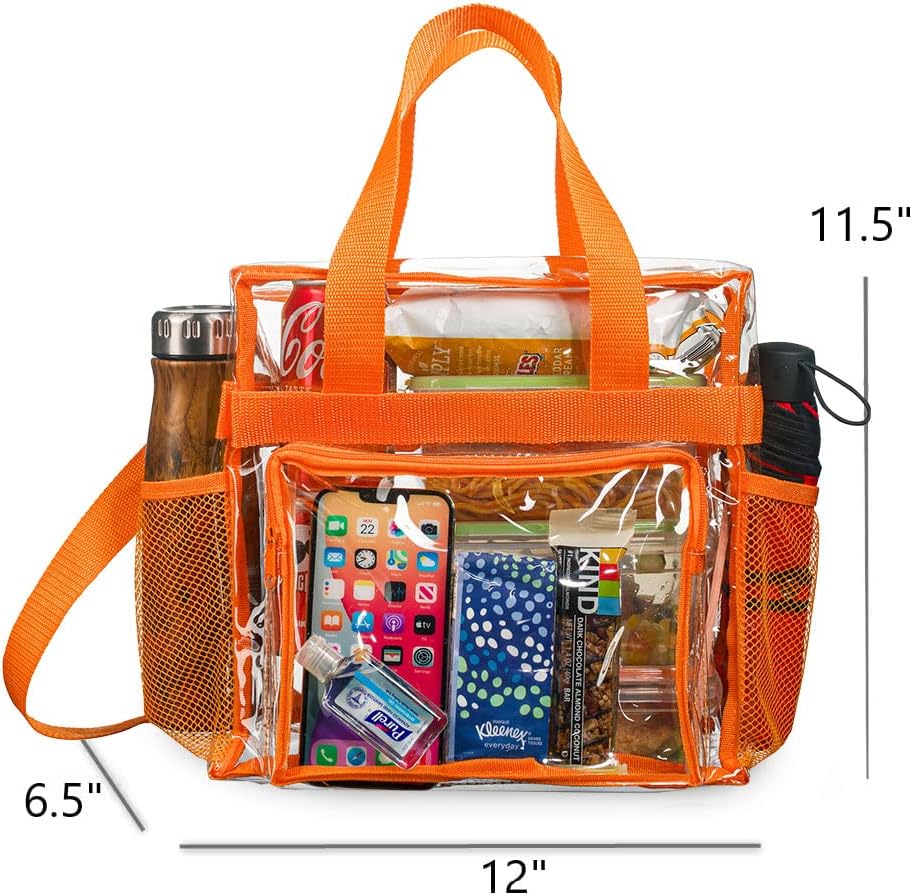 SP HOME GOODS Stadium Approved Clear lunch Bag (Large) with Adjustable Strap, Front Storage Compartment, and Mesh Pockets (Orange, Large)