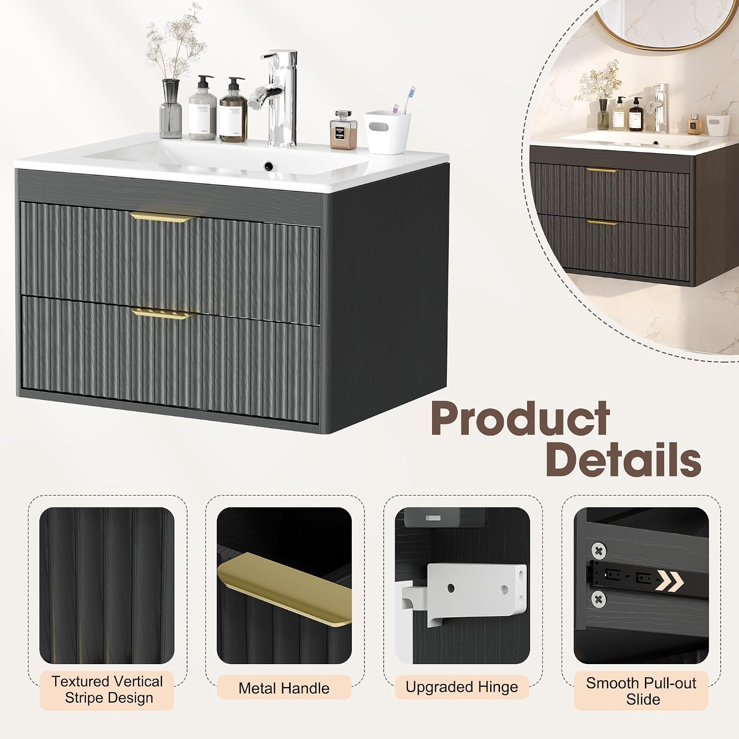 24 Inch Bathroom Vantiy Without Sink, Floating Bathroom Vanity with 2 Drawers, Wall Mounted Floating Cabinets (24", No Sink, Black)