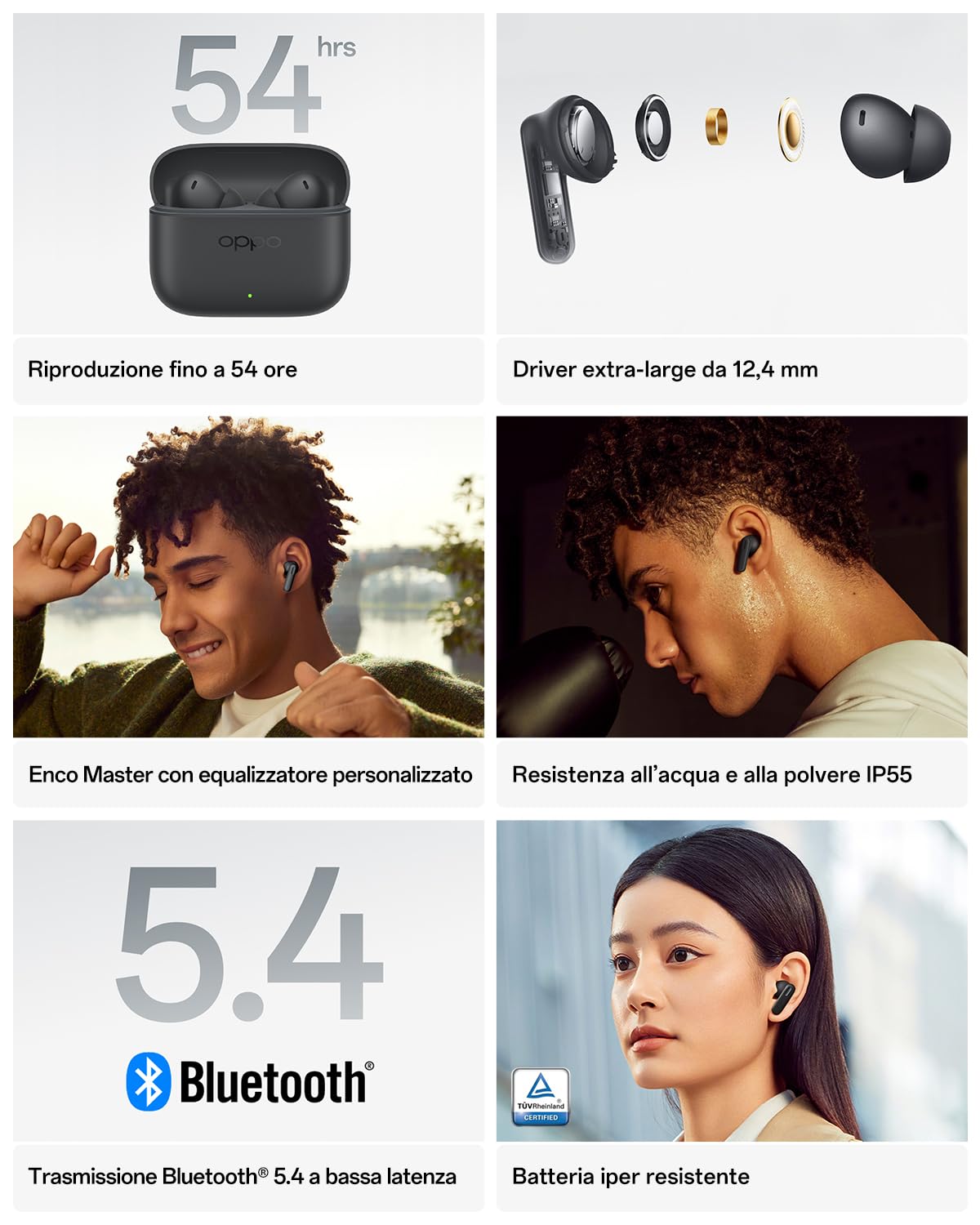 OPPO Enco Buds3 Pro Auricolari true wireless, autonomia della batteria di 54 ore, driver dinamico da 12,4 mm, Bluetooth 5.4, comandi touch, IP55, Graphite Grey