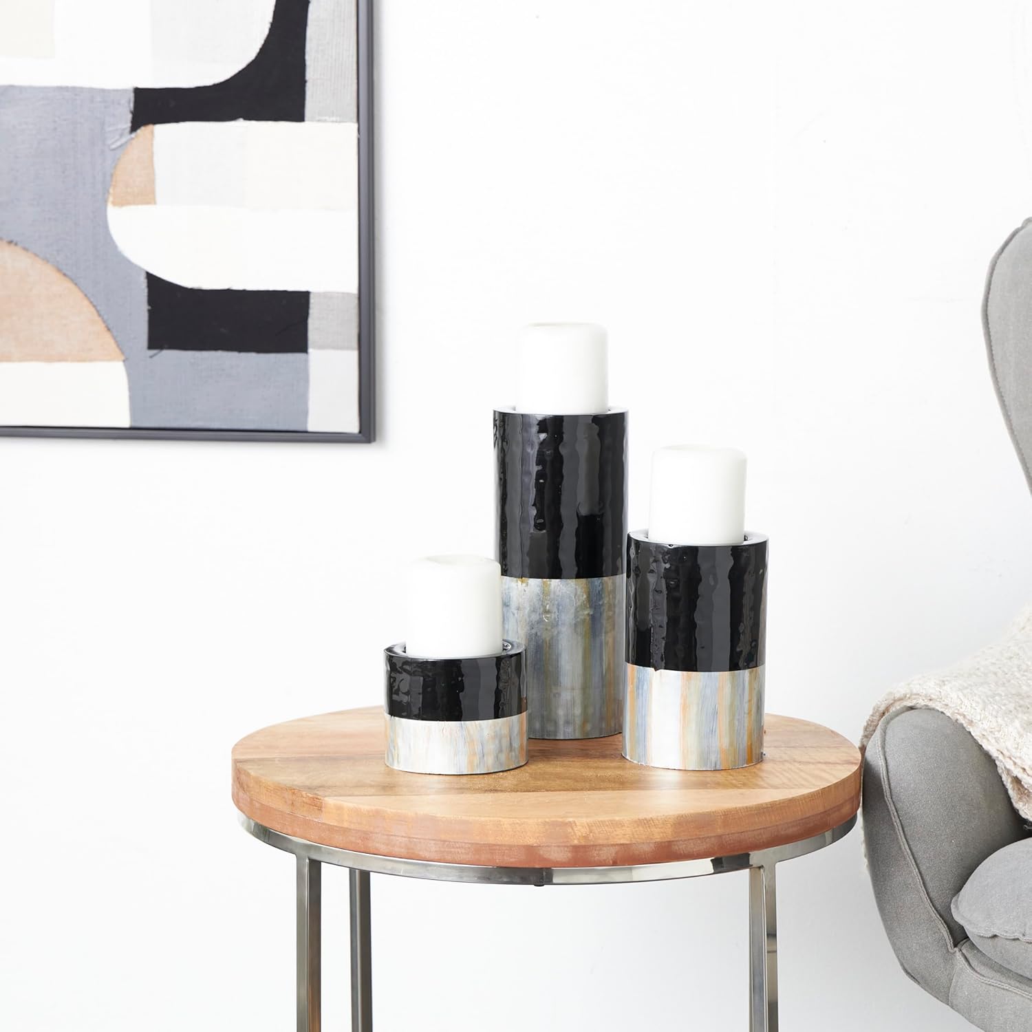 Deco 79 Metal Decorative Candle Holder Colorblock Candle Stand with Gold and Silver Streaks, Set of 3 Candlestick Holder 11", 7", 4" H, Black - Image 2