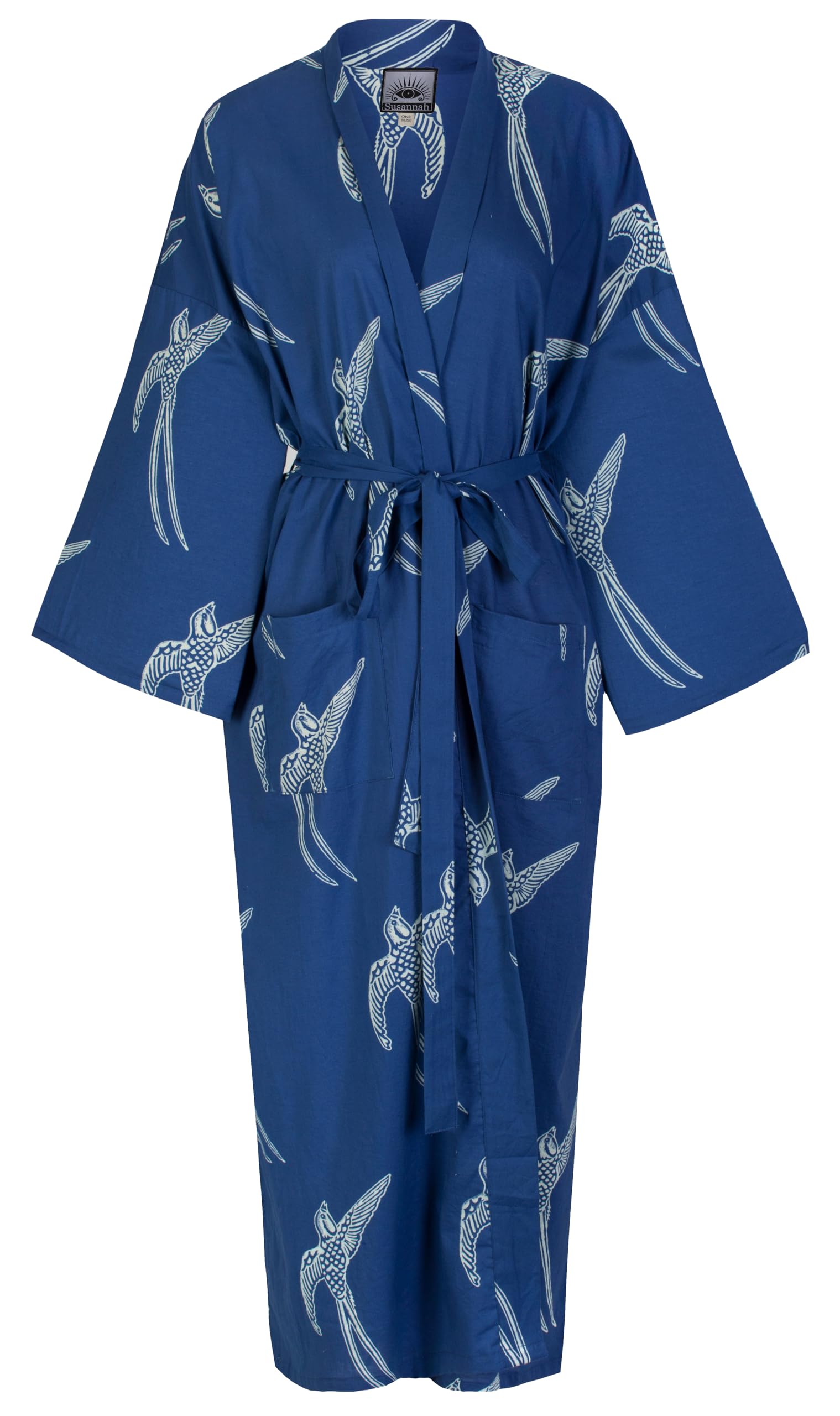 Susannah Cotton Women’s Lightweight Cotton Kimono Robe | Dressing Gown – White Birds on Dark Blue