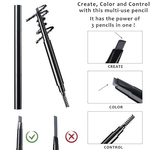 Miniatura 5 de Paquete de 6 lápices de cejas de larga duración con cepillo, resistente al agua, retráctil, mecánico, a prueba de sudor, 2 en 1, lápiz de cejas de
