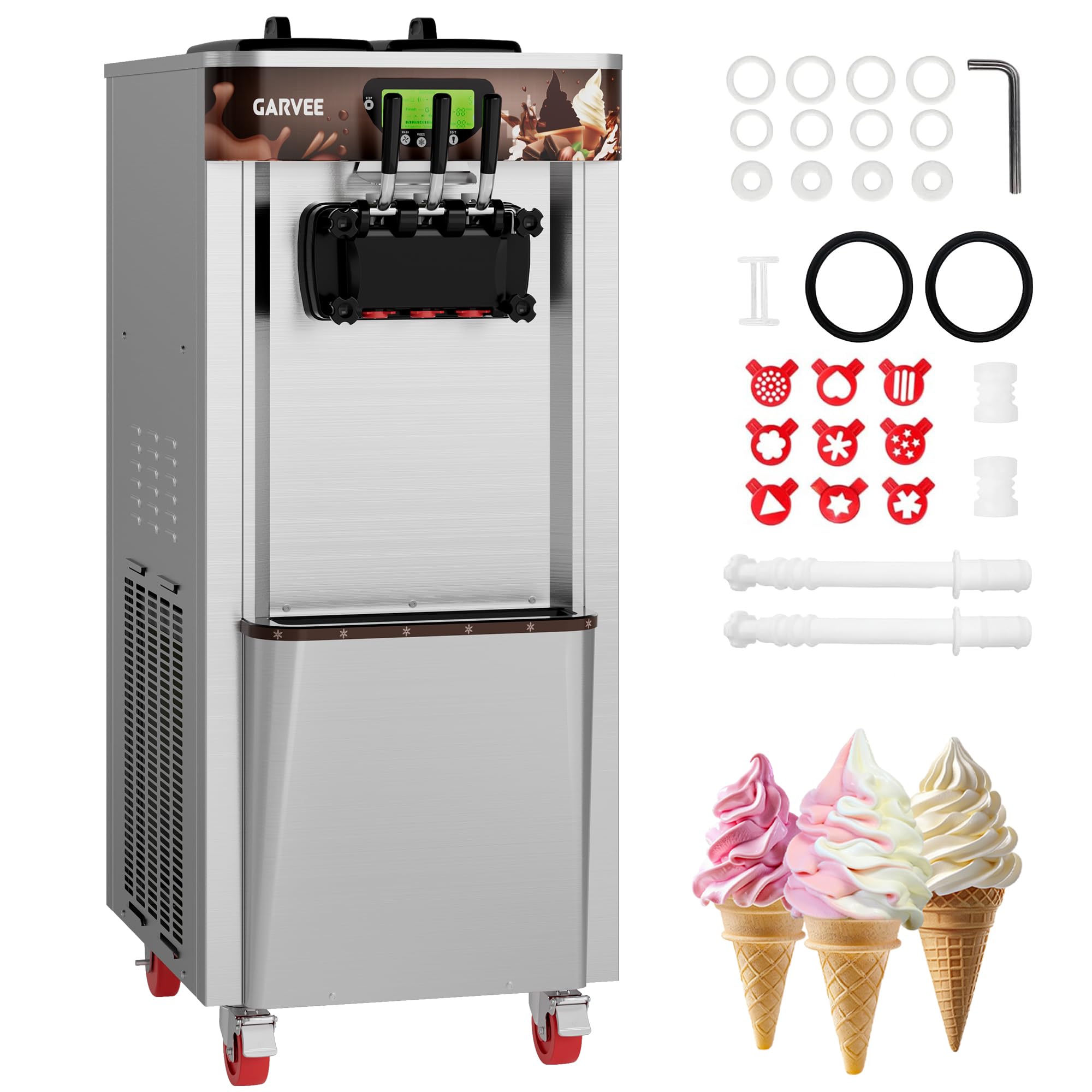 3200W Commercial Soft Ice Cream Maker, 2+1 Flavors, 11.0-12.2 Gal/Hr Soft Serve Ice Cream Machine with 5-Inch Display, Easy to Operate, Self-Cleaning, High Productivity for Restaurant Snack Bar, 115V
