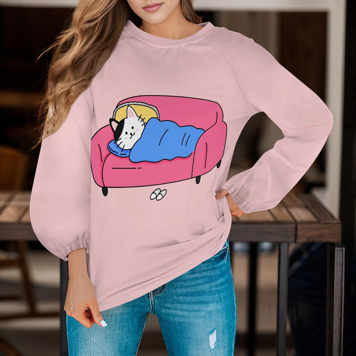 Womens Pullover Sweatshirts Lightweight Crewneck Sweatshirt Cute Animal Graphic Long Sleeve Pullover Trendy Outfits - Image 2
