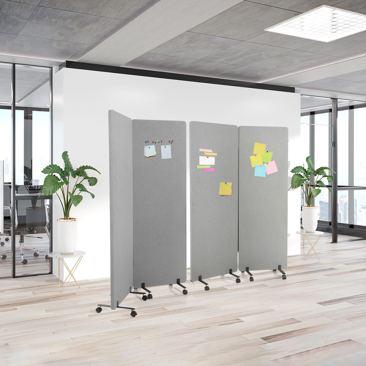 hjh OFFICE 891001 Cloison de Séparation Acoustique Mobiles FLEXMIUT 177 x 60 cm, Lot de 2, Paravent avec roulettes et Patins, Tissu Gris Clair