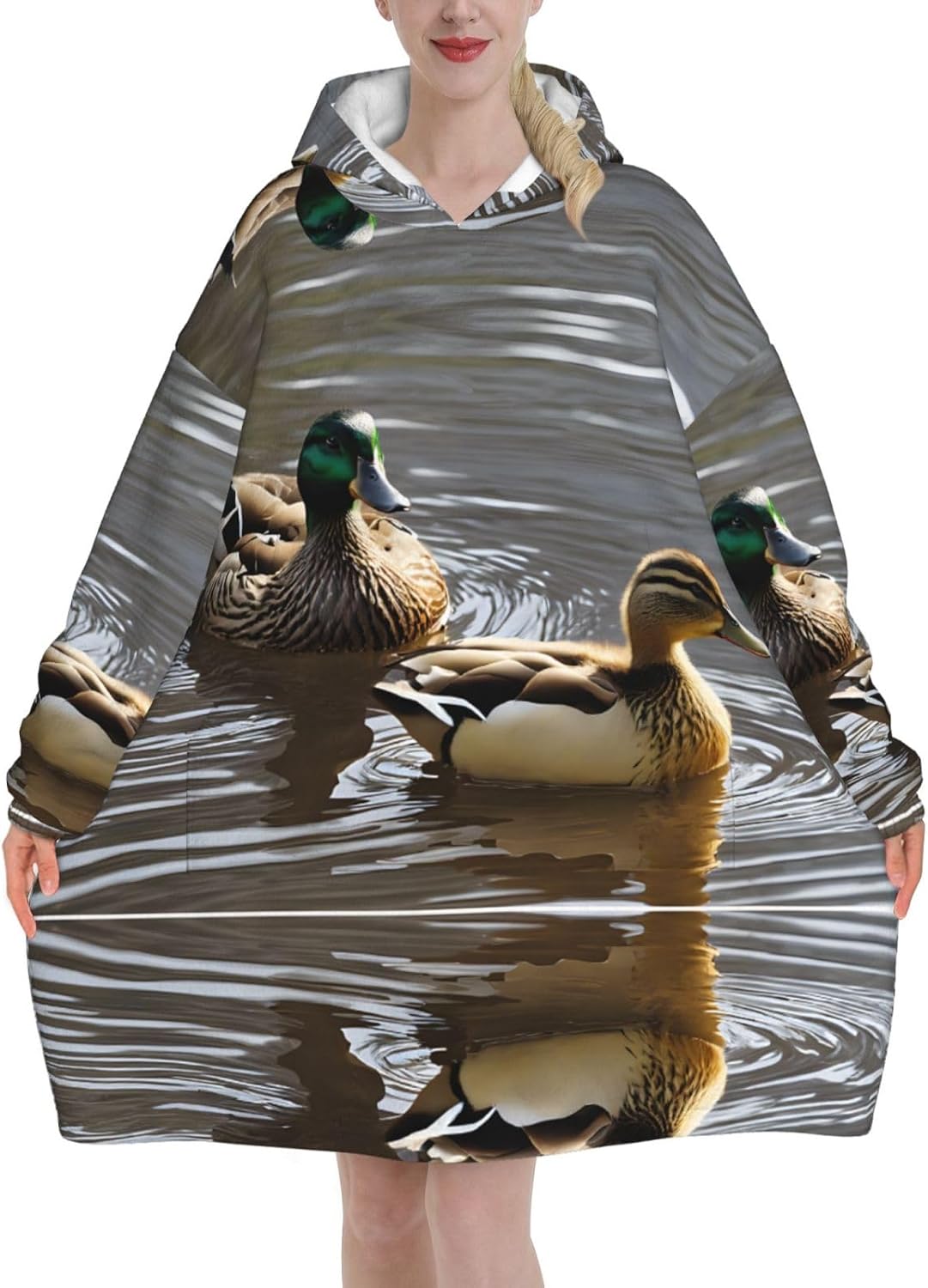 Mallard Duck Print Blanket Hoodie Fleece Sweatshirt Blanket With Sleeves And Pockets