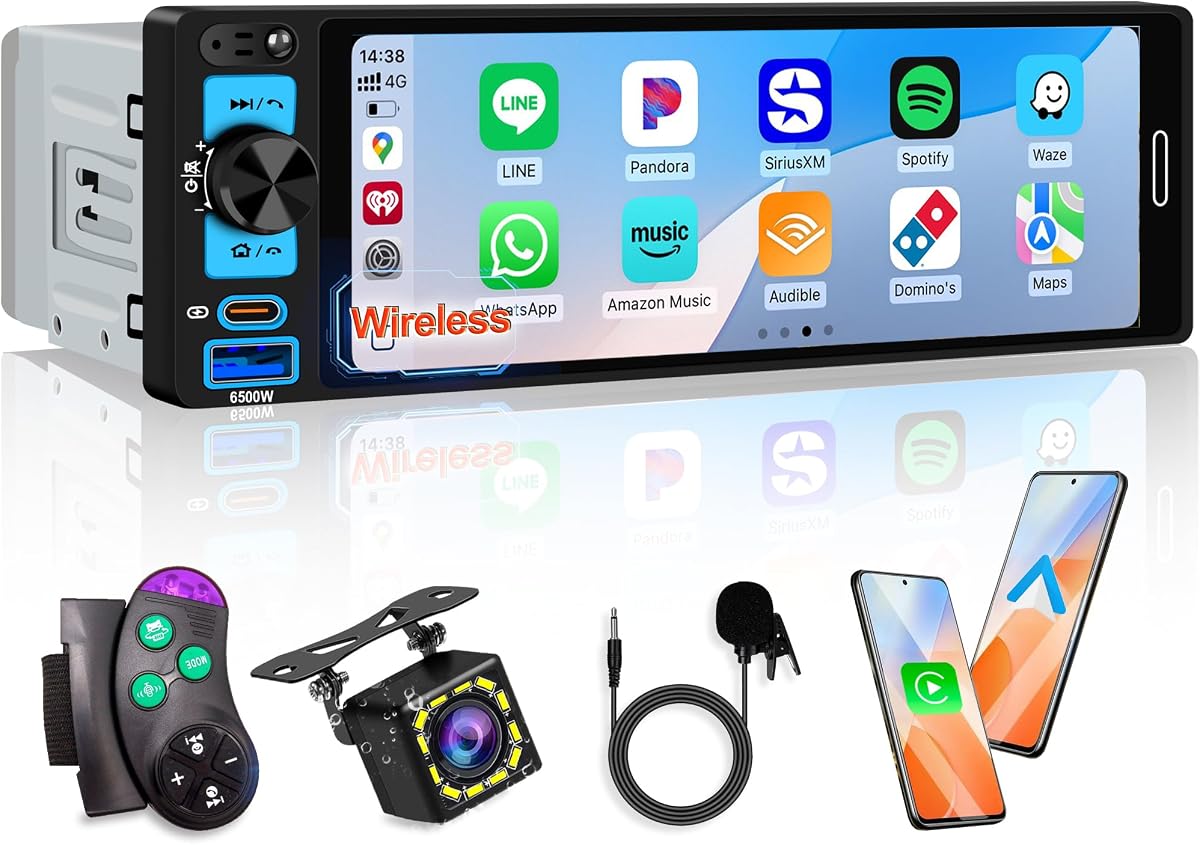 6.5” Single Din Car Stereo Receivers with Wireless Apple CarPlay for Car | IPS Touchscreen 1280x452,Bluetooth 5.2,FM AM Radio,Backup Camera,USB Type-c Fast Charging,Android Auto,GPS Navigation,SWC