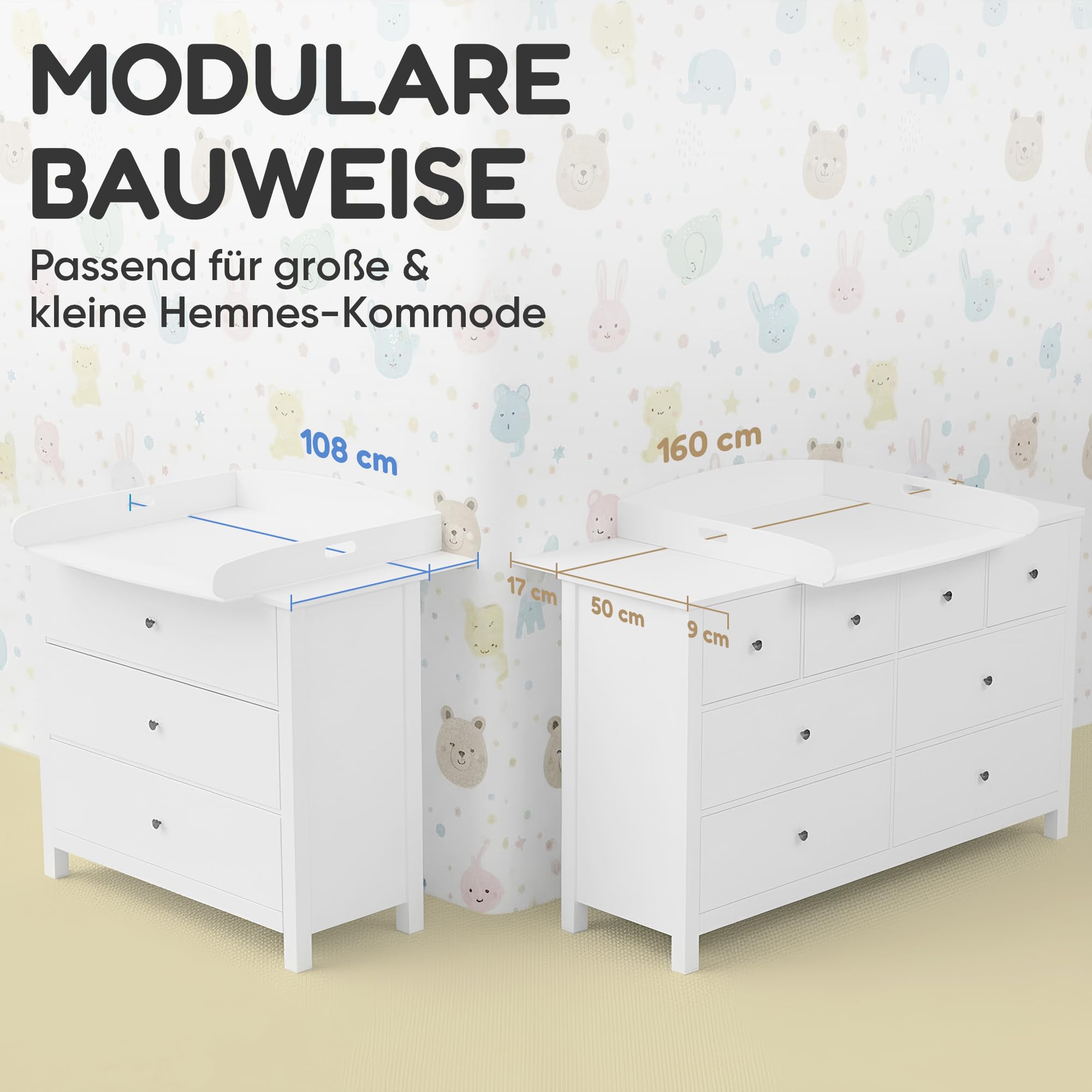 Heldenzimmer Wickelaufsatz Hemnes Kommode & Malm - 108/160cm & Ohne Lücke | Wickelaufsatz Malm Kommode passend für große und kleine Hemnes Organizer Wickelauflage Baby Kinderschrank Wickeltisch
