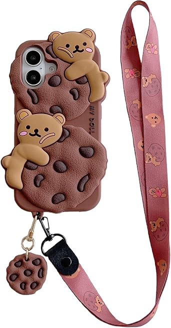 3D Cute Cartoon Cookie Bear Case with Lanyard for iPhone 16 6.1 inch 2024/iPhone 17 6.3 inch 2025,Kawaii Dessert Character Soft Silicone Case with PendantCookie Bear
