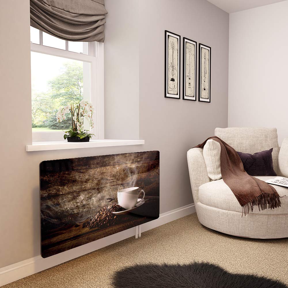 Glass Radiator Cover Printed - White Coffee Cup with Beans - by Premier Range in 620mm Wide x 640mm High