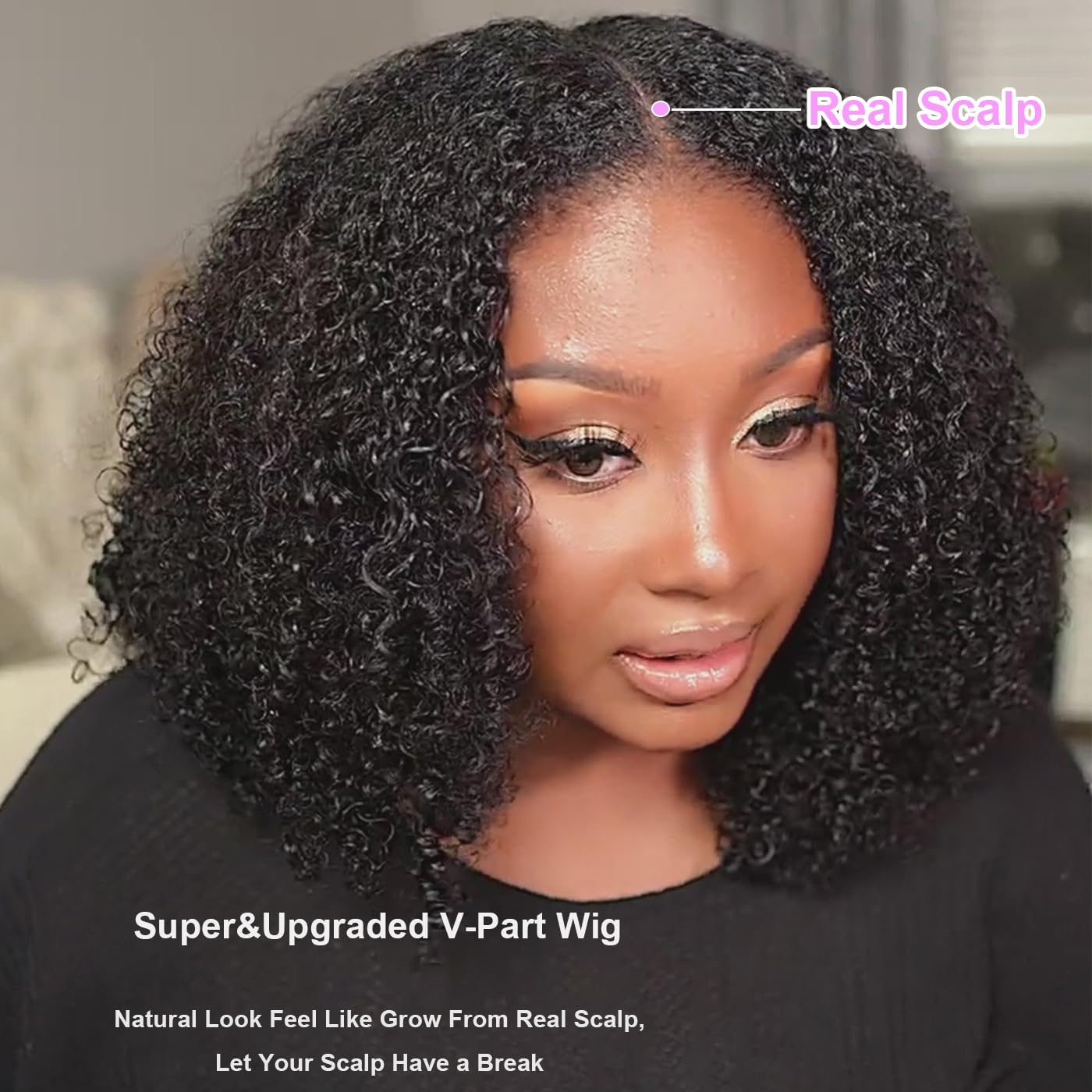 Domiso Afro Kinky Curly V Part Wig Human Hair Pre-Minimum Leave Out Upgraded V Part Wigs with Anti Slip Elastic Band and Removable Clips for Secure 20 Inch