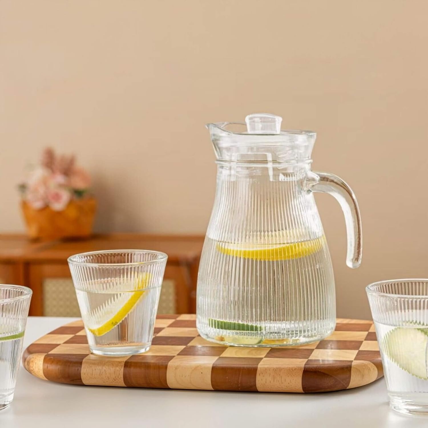 5-Piece Ribbed Glass Pitcher and Cups Drinkware Set