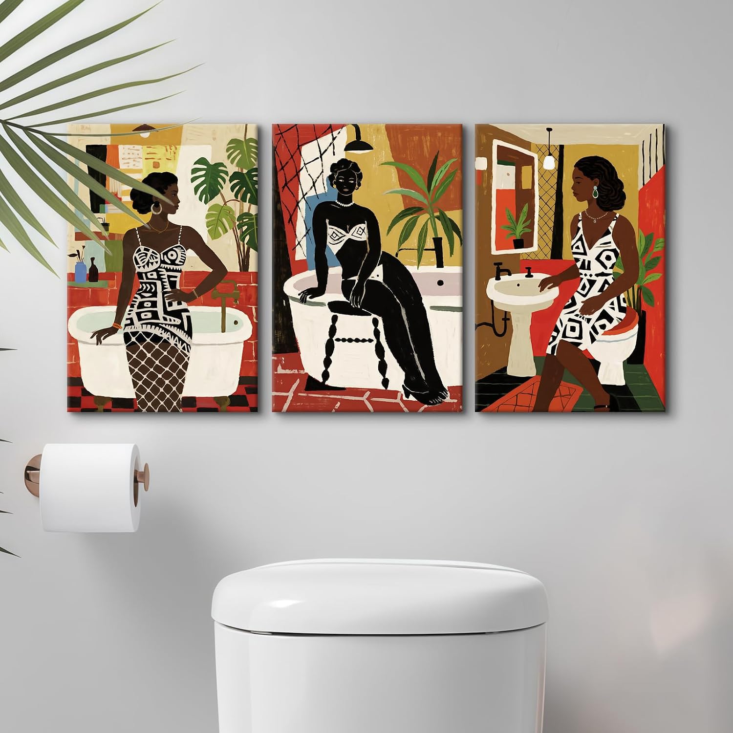 Craftline - Abstract Geometric African Black Woman Bathroom Canvas Wall Art 16x24in Retro Framed Brown Farmhouse Washroom Pictures Rustic Bathroom Print Artwork for Toilet Home Decor