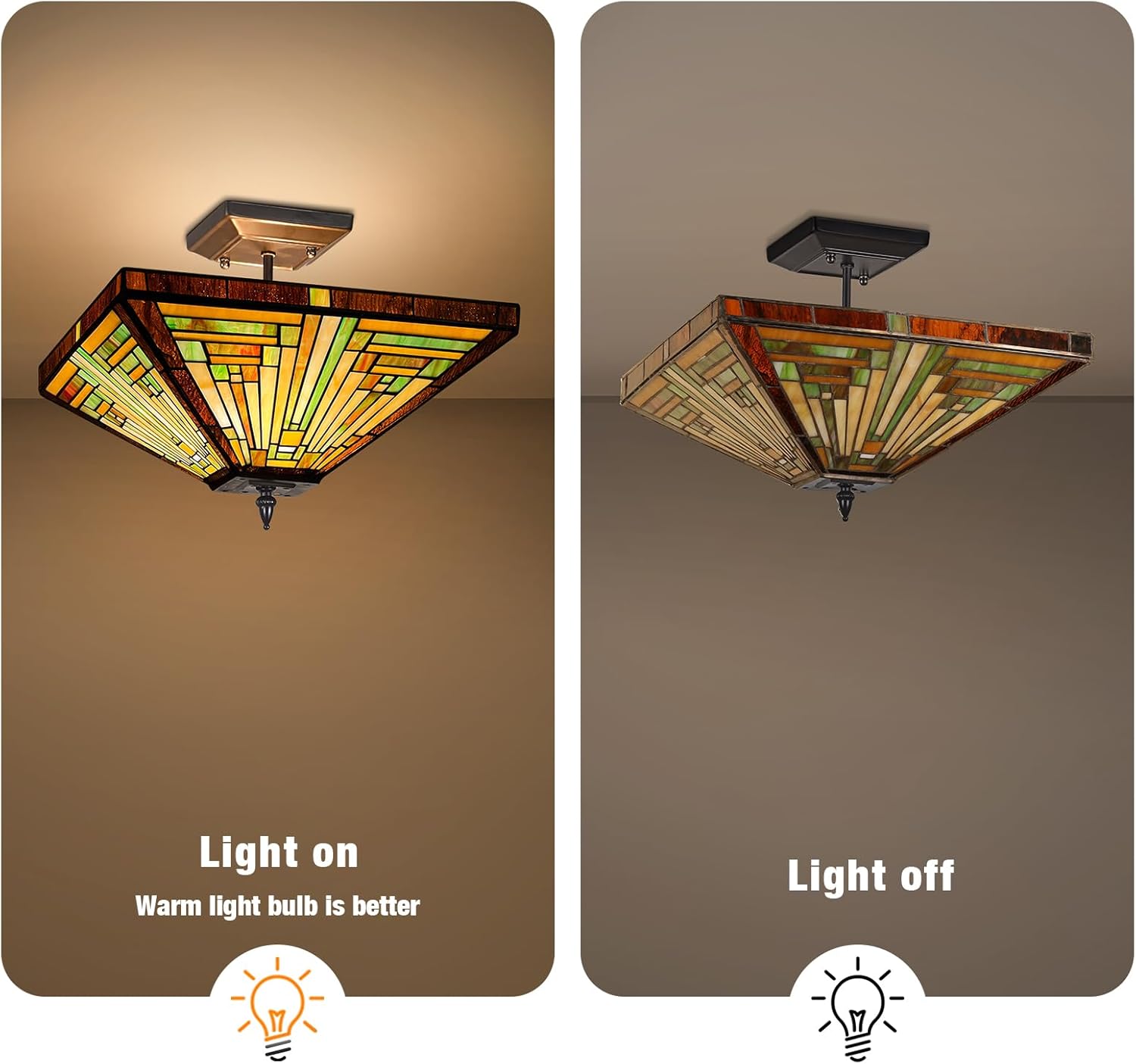 Capulina Tiffany Lamp Stained Glass Ceiling Light 2-Light 14 Inches Wide Amber Brown Semi Flush Mount Tiffany Style Ceiling Lamp for Kitchen Porch Entryway Bathroom Hallway Home Office