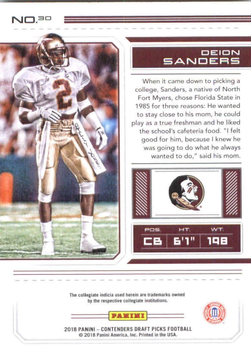 2018 Panini Contenders Draft Picks Season Ticket #30 Deion Sanders Florida State Seminoles NCAA Collegiate Football Card