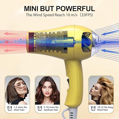 Miniatura 4 de Mini secador de pelo portátil de 1200 W, apto para viajes, doble voltaje 125/250 V, 2 ajustes de velocidad, plegable, ligero, dos boquillas