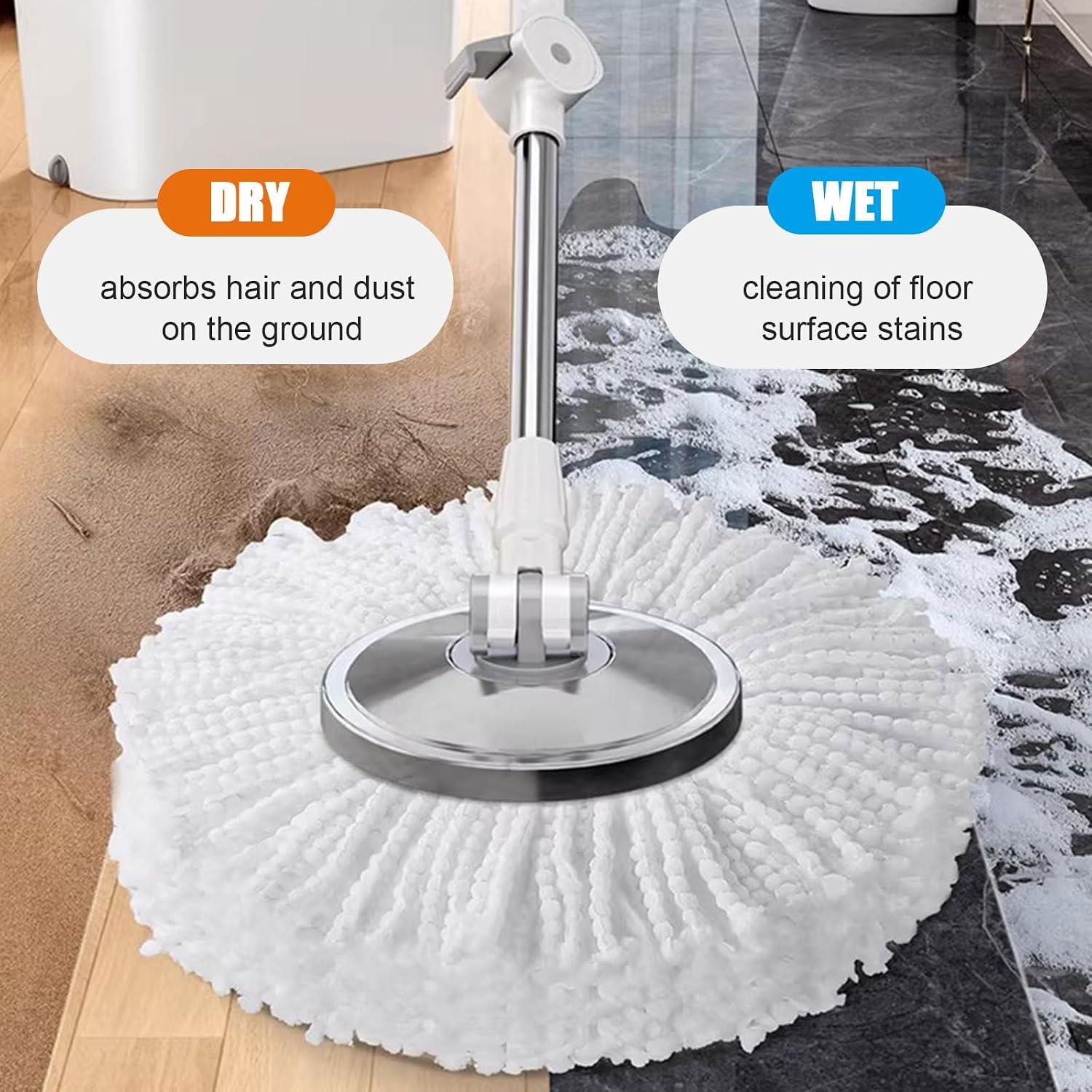 Spin Mop and Bucket with Wringer Set, 360 Spinning Wet Dust Mop, 53.5" Extended Stainless Steel Handle for Floor/Wall Cleaning,7 Microfiber Mop Pads