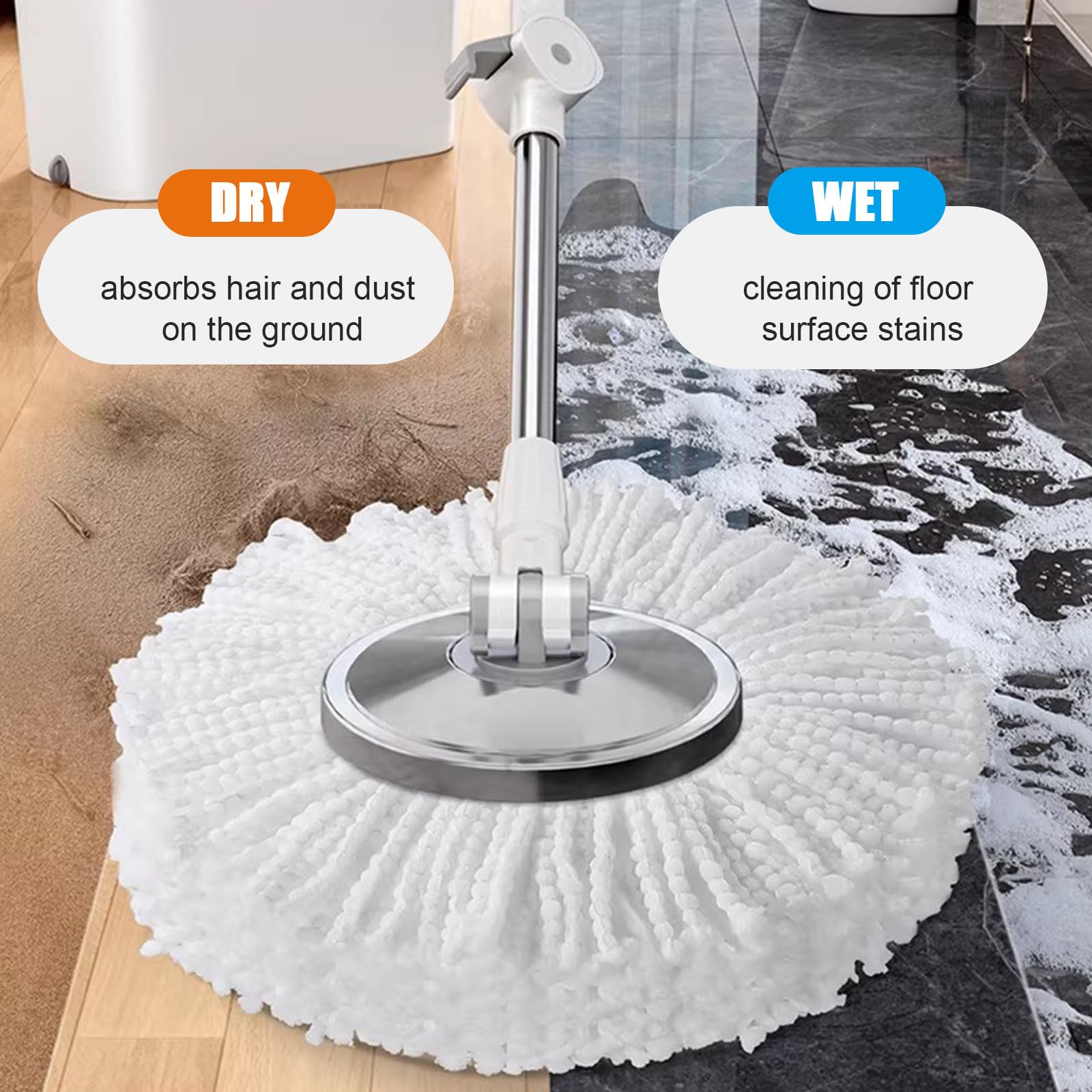 Juego de fregona giratoria y Cubo con escurridor, Trapeador de Polvo húmedo Giratorio 360, Mango extendido de Acero Inoxidable de 53,5" para Limpieza de Pisos/Paredes,7 Microfiber Mop Pads