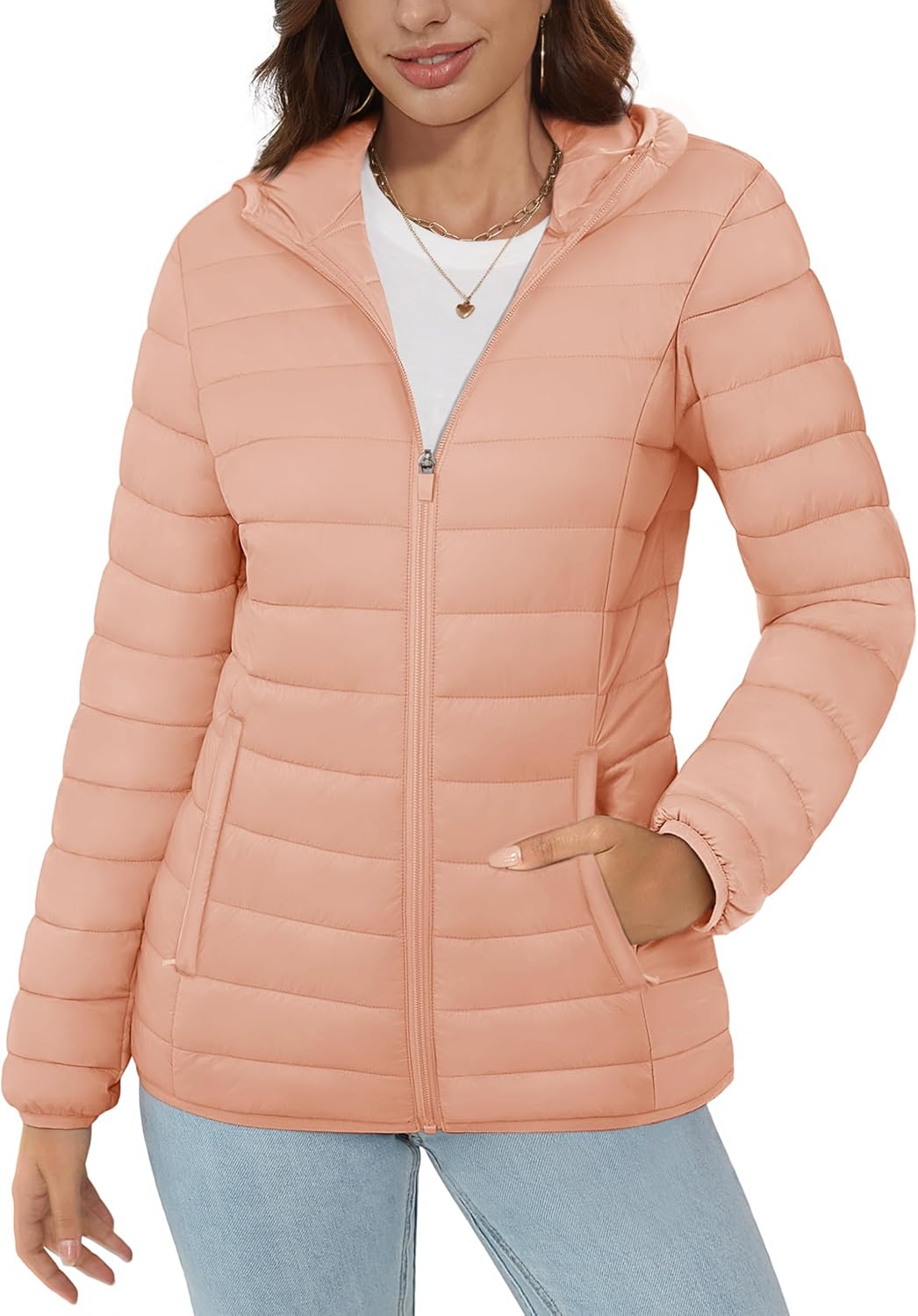 MAGCOMSEN Women's Hooded Puffer Jacket Lightweight Quilted Padded Coat 4 Pockets Zip-up Winter Warm Outerwear