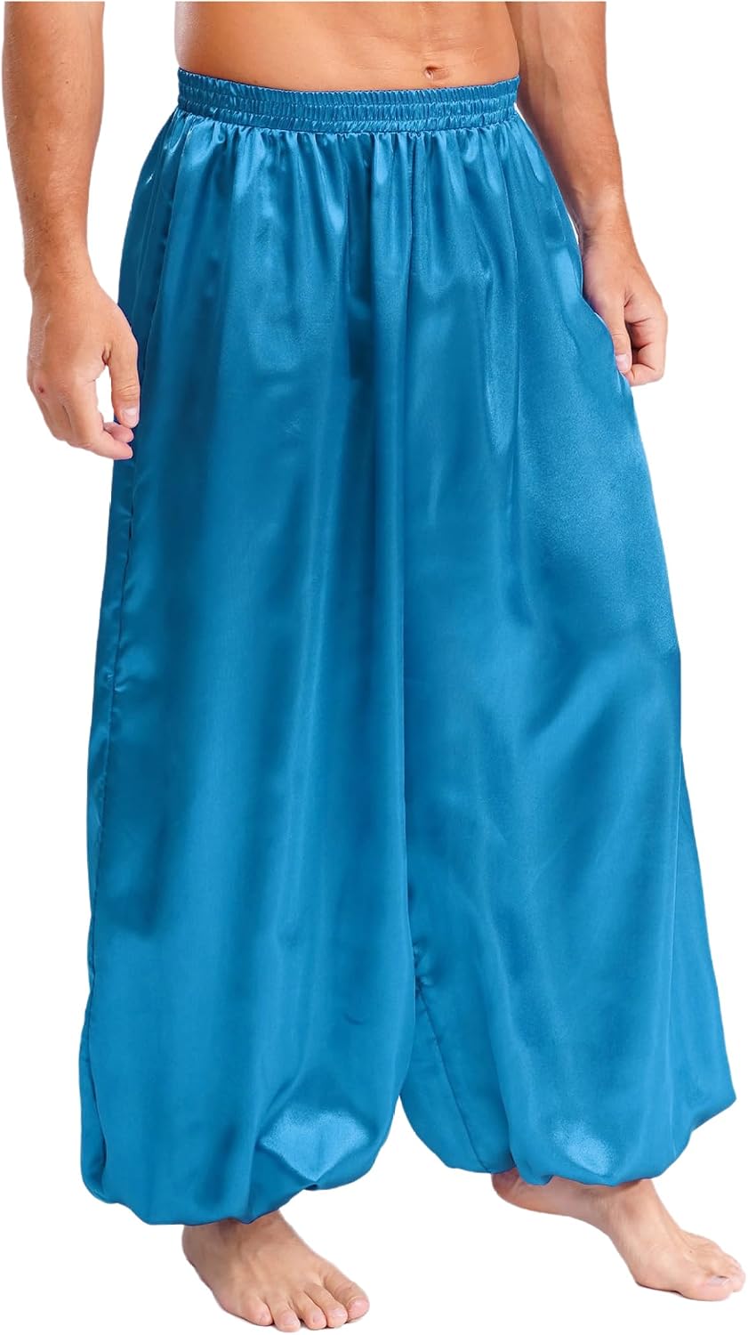 Men's Halloween Arabian Prince Costume Harem Pants Elastic Waistband Silky Satin Trousers