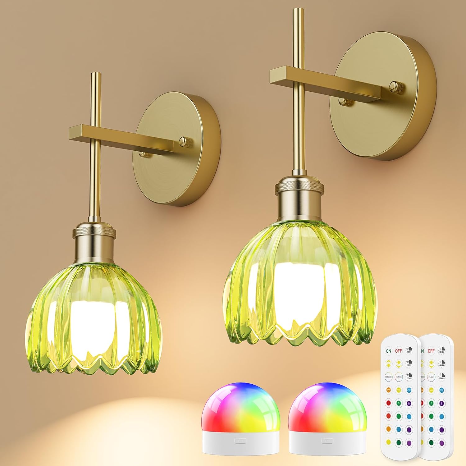 Battery Operated Wall Sconce with Green Tulip-Shaped Lampshades, Wireless Rechargeable Sconces Wall Decor Set of 2 with Remote Control, 12 RGB Colors & 3 CCT Settings (Green)